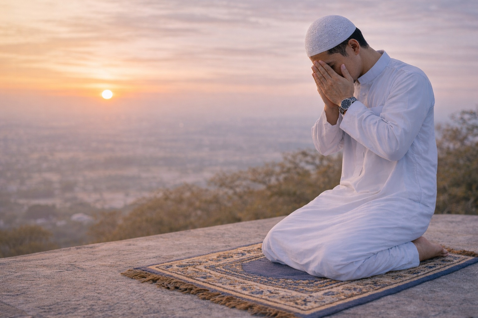 ชายมุสลิมกำลังขอดุอาในยามพระอาทิตย์ตก โทนอ่อนโยน สงบ หรือถ้าใช้ในหน้า “อยากกลับมาละหมาด”: ภาพบรรยากาศมุสลิมขอดุอาอย่างสงบ สำหรับคนที่อยากกลับมาละหมาด