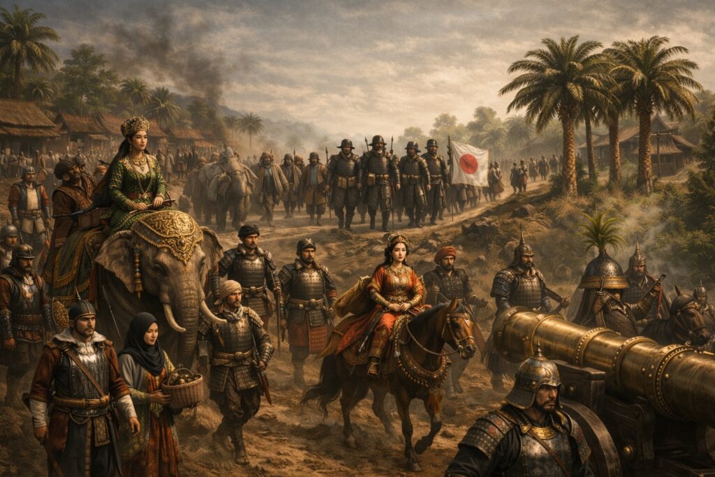 ภาพ ai แสดงถึงขบวนแห่งสมัยสุลต่านปัตตานี ปลายคริสต์ศตวรรษที่ 16–17