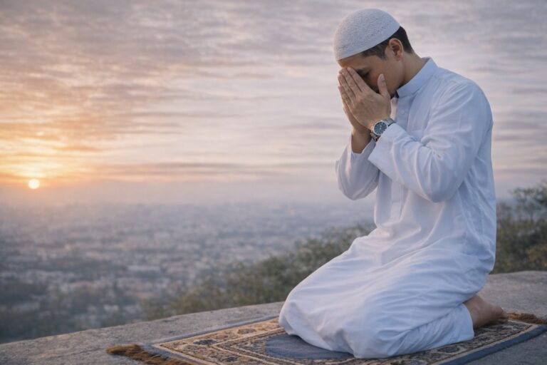 ชายมุสลิมกำลังเตรียมละหมาดยามพระอาทิตย์ตก สื่อถึงการเริ่มต้นกลับสู่อัลลอฮฺอย่างสงบ