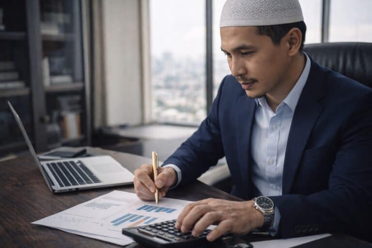 ผู้นำธุรกิจมุสลิมกำลังวิเคราะห์ตัวเลขการเงินในสำนักงาน สื่อถึงความคิดที่เติบโตและการบริหารรายได้