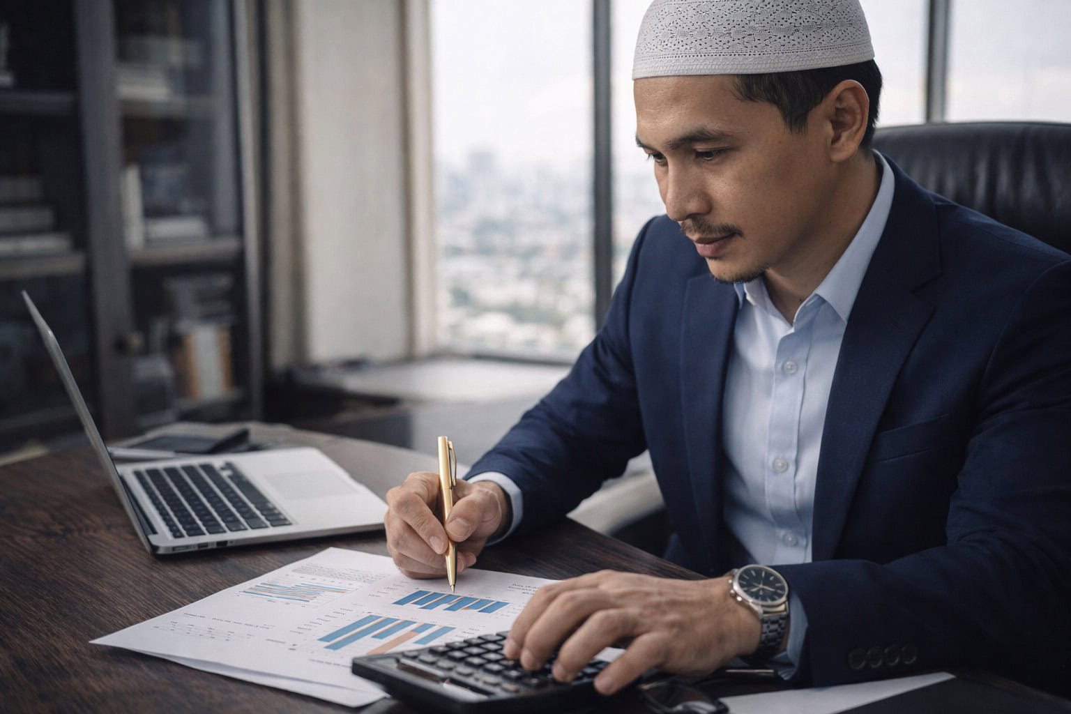 ผู้นำธุรกิจมุสลิมกำลังวิเคราะห์ตัวเลขการเงินในสำนักงาน สื่อถึงความคิดที่เติบโตและการบริหารรายได้