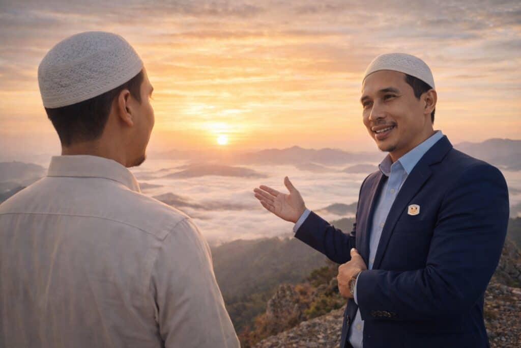 ชายมุสลิมสองคนยืนบนยอดเขายามพระอาทิตย์ขึ้น สื่อถึงการเริ่มต้นสร้างเส้นทางชีวิตใหม่
