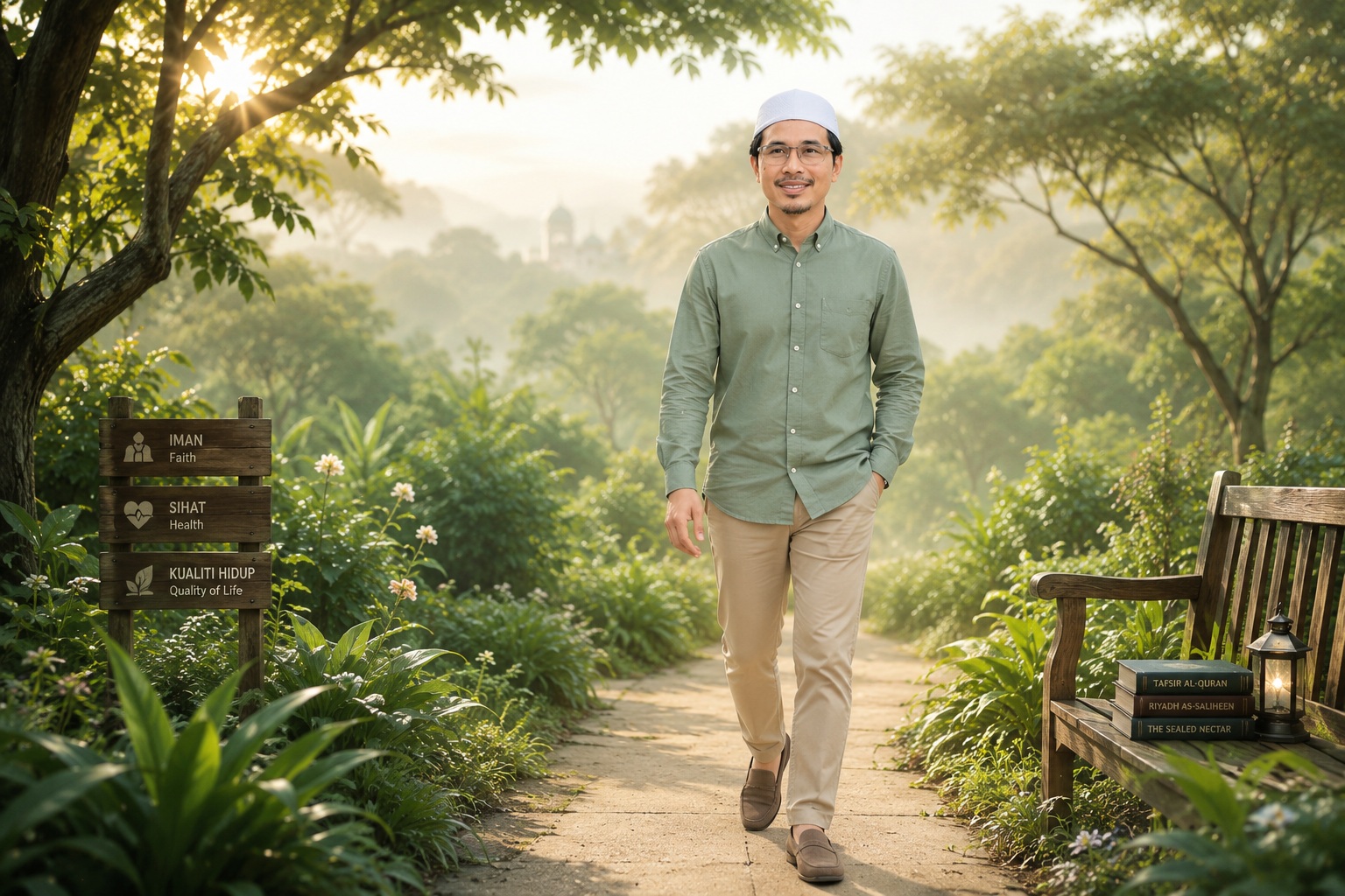 Ustaz Saman Loh เดินในสวนธรรมชาติยามเช้า สื่อถึงข้อคิด แรงบันดาลใจ ศรัทธา และการใช้ชีวิตอย่างมีความหมายตามแนวทางอิสลาม
