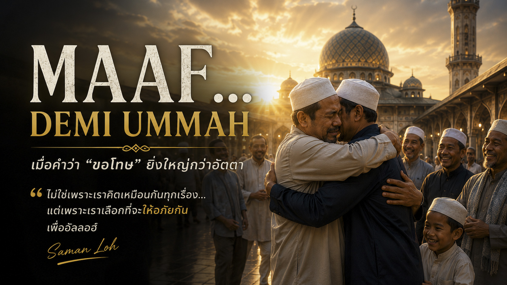 ชายมุสลิมสองคนกอดกันเพื่อให้อภัยกันหน้ามัสยิด สื่อถึงความสามัคคีและการให้อภัยในอิสลาม